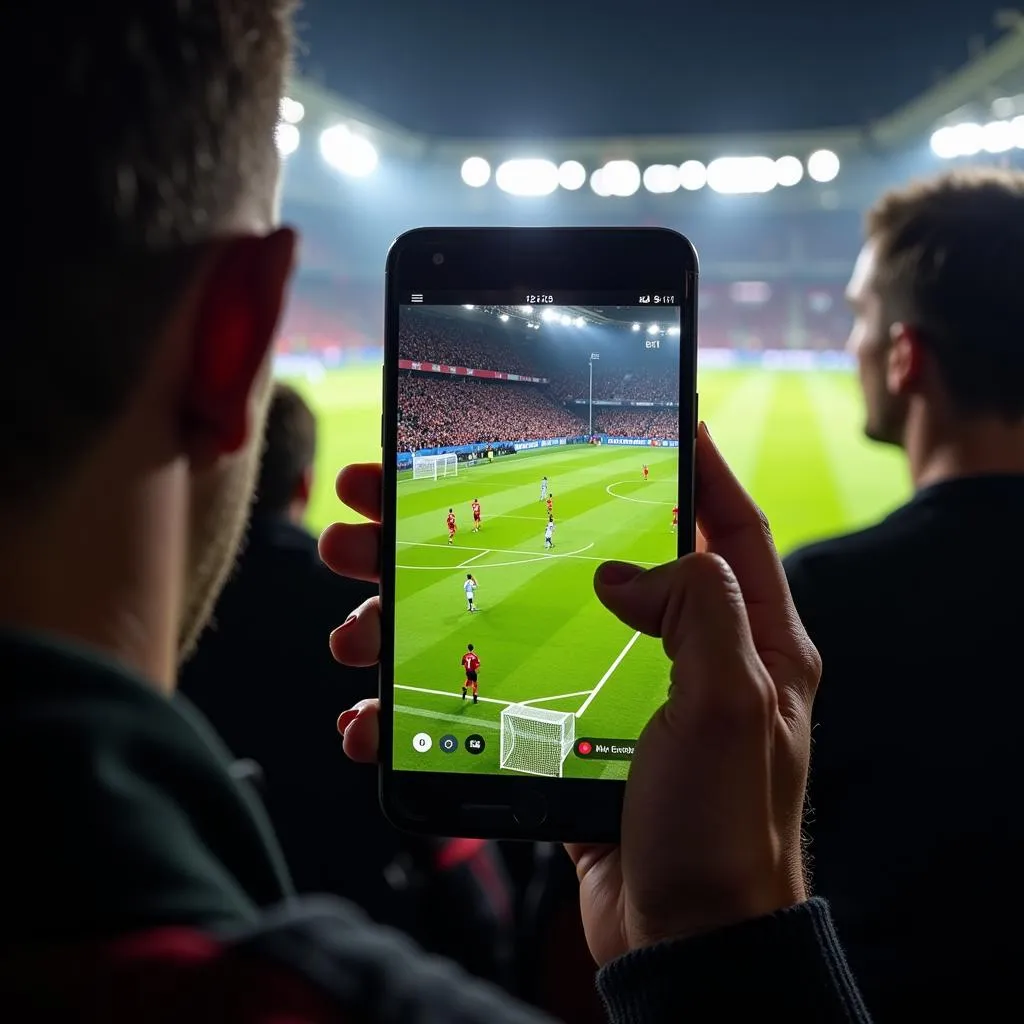 Fans engaged in watching football finals on a mobile phone