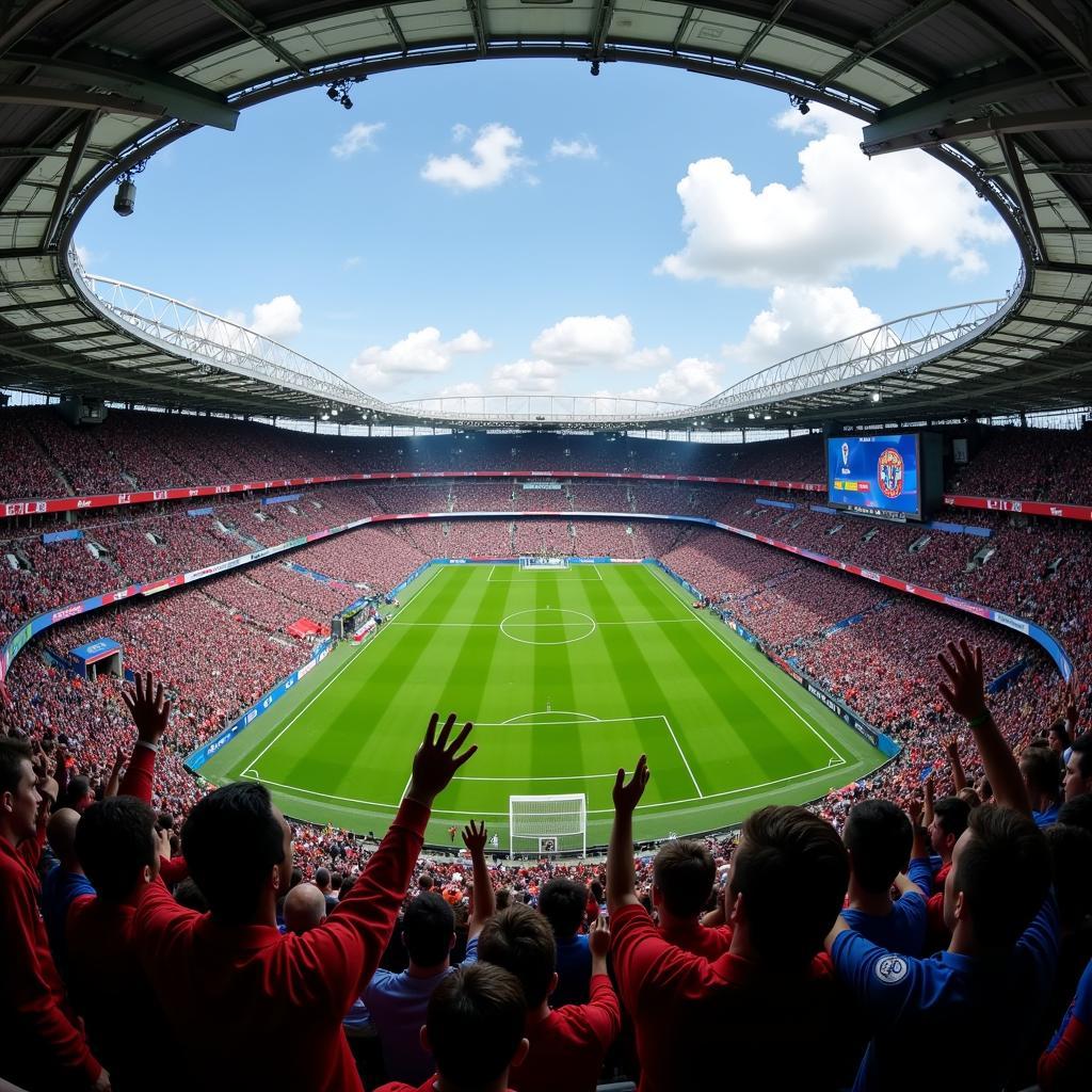 Fans watching a live football match in a stadium