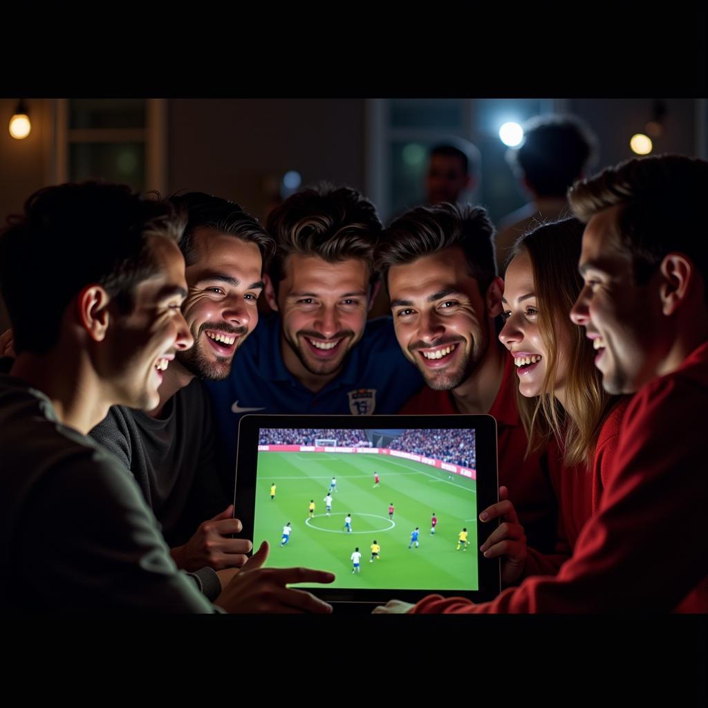 Group of friends watching live football on a tablet