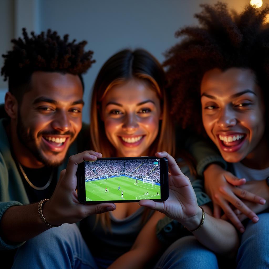 Fans watching a Real Madrid match on a mobile phone