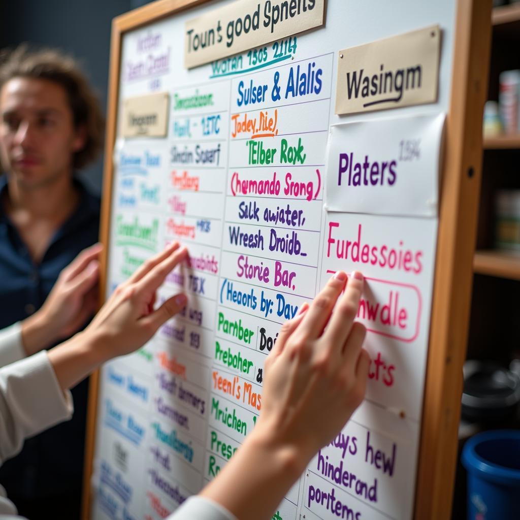 A group of people engaged in a heated but friendly debate during their fantasy football draft