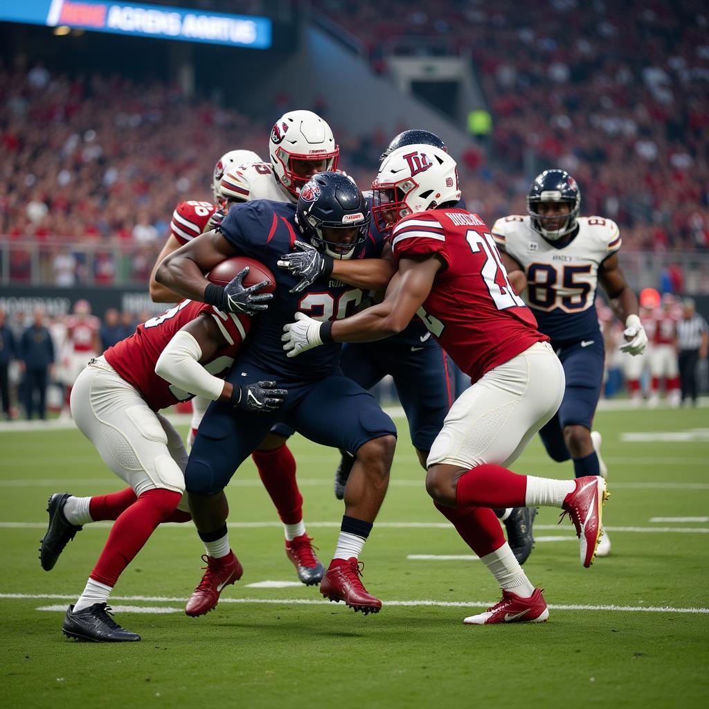 Players clash in a fast-paced arena football match