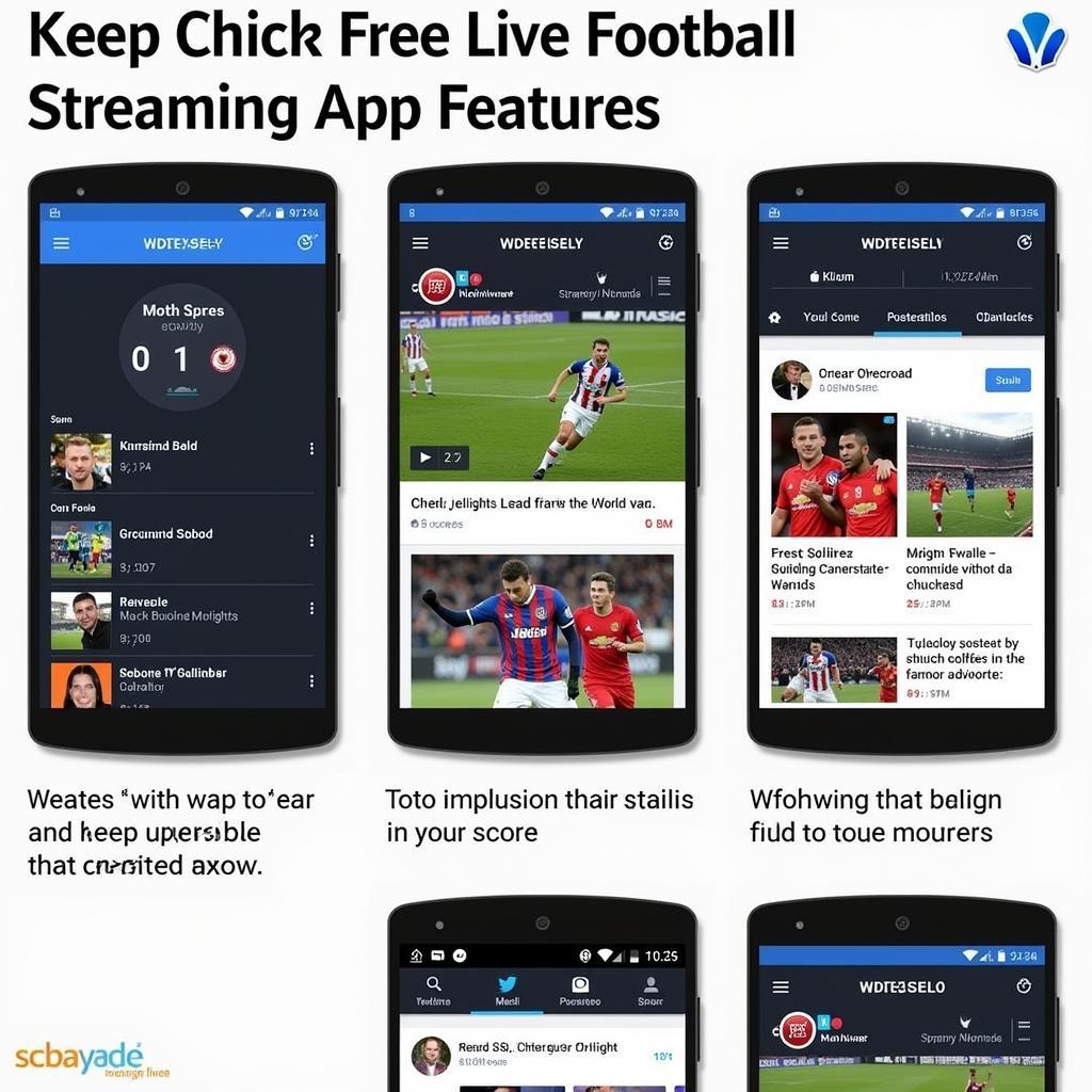 A collage showcasing various features of a football app, including live scores, match highlights, and news articles