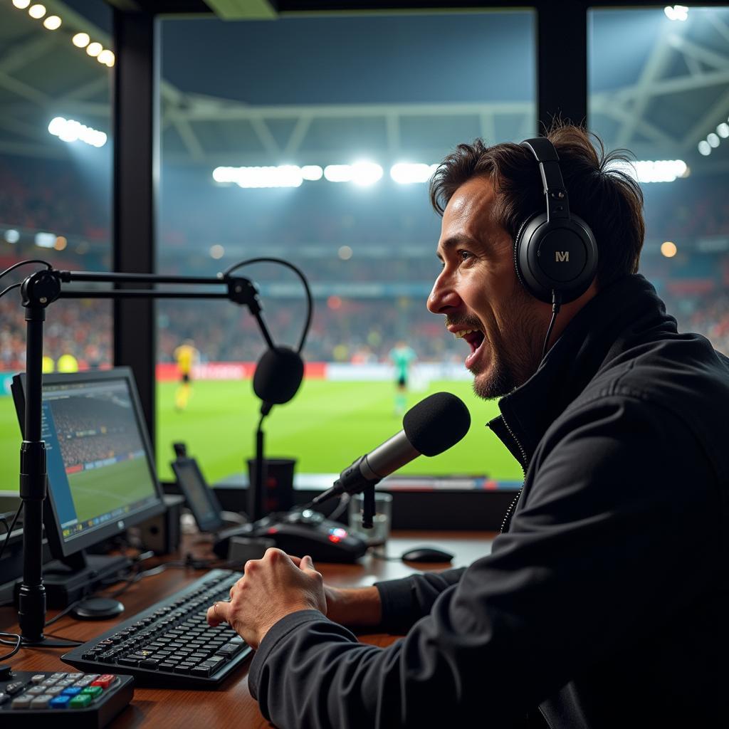 Football Commentator in a Live Broadcast Booth