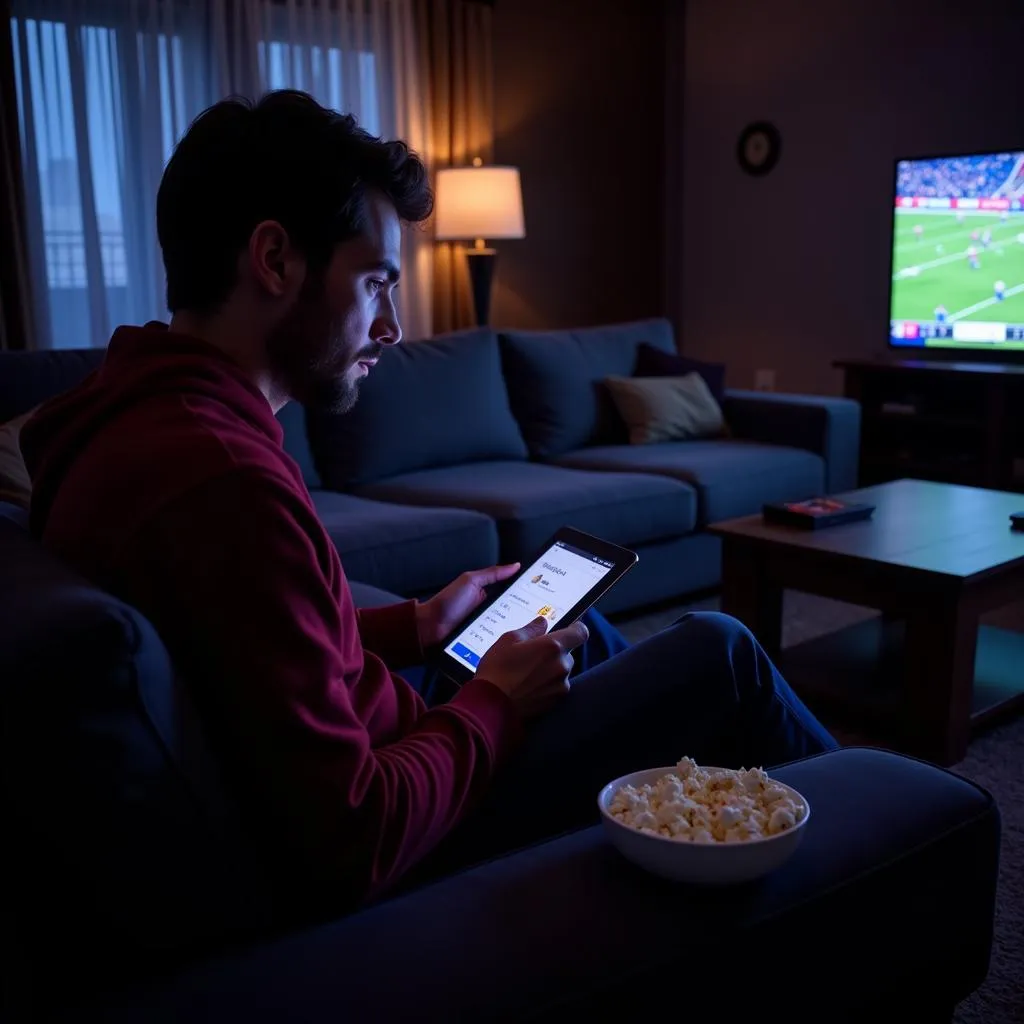 Football Fan Checking Live Score on Tablet