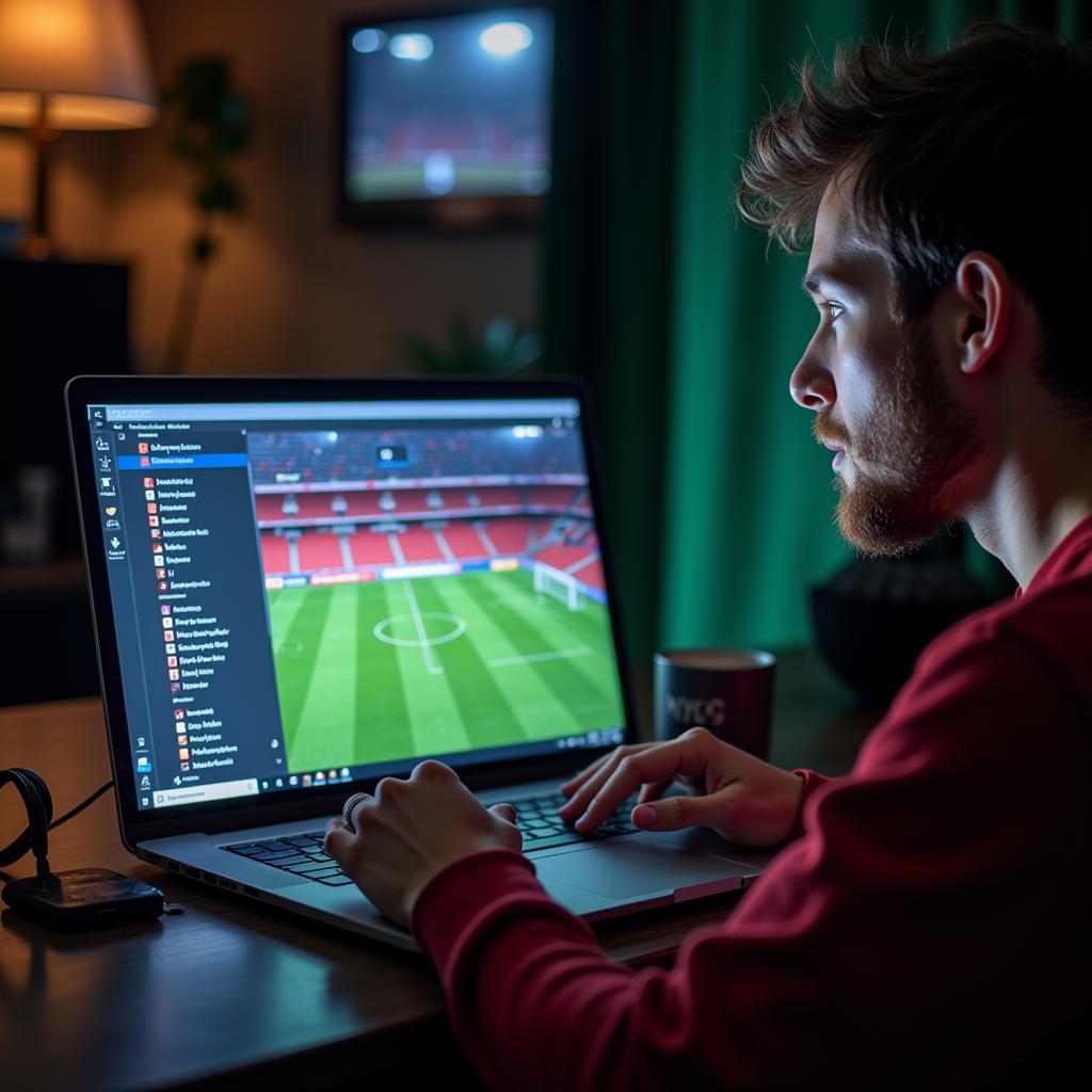 A football fan comparing different streaming services on his laptop