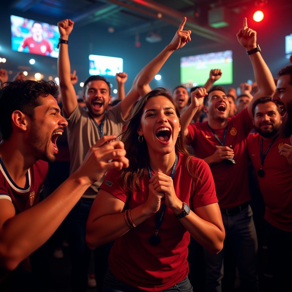 Group of football fans cheering passionately