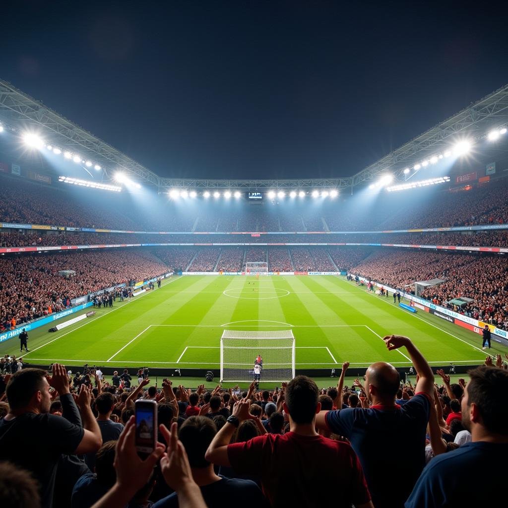 Football fans celebrating a goal during a live match