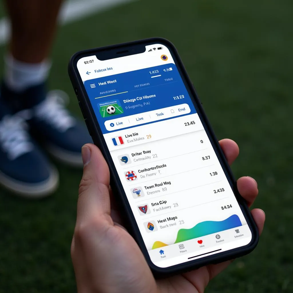 Smartphone displaying various features of a football stat live app