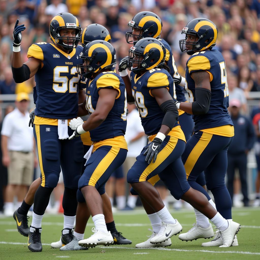 Framingham State Rams football players celebrating a touchdown