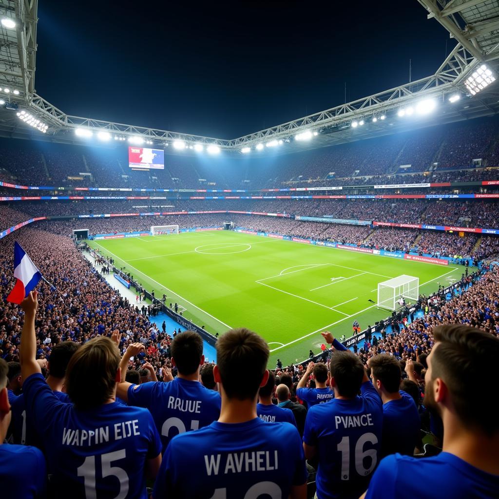 France football fans cheering in a packed stadium