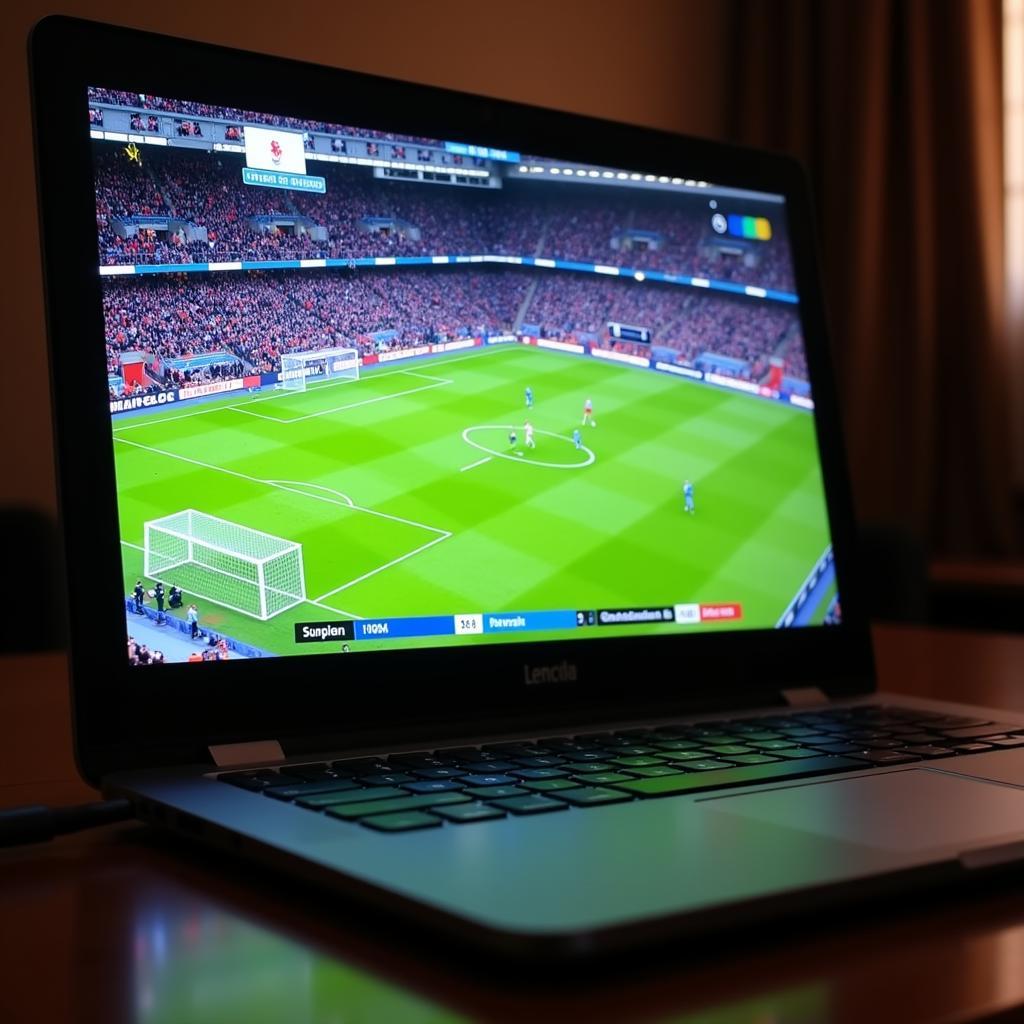 Close-up of a laptop screen showing a live football game