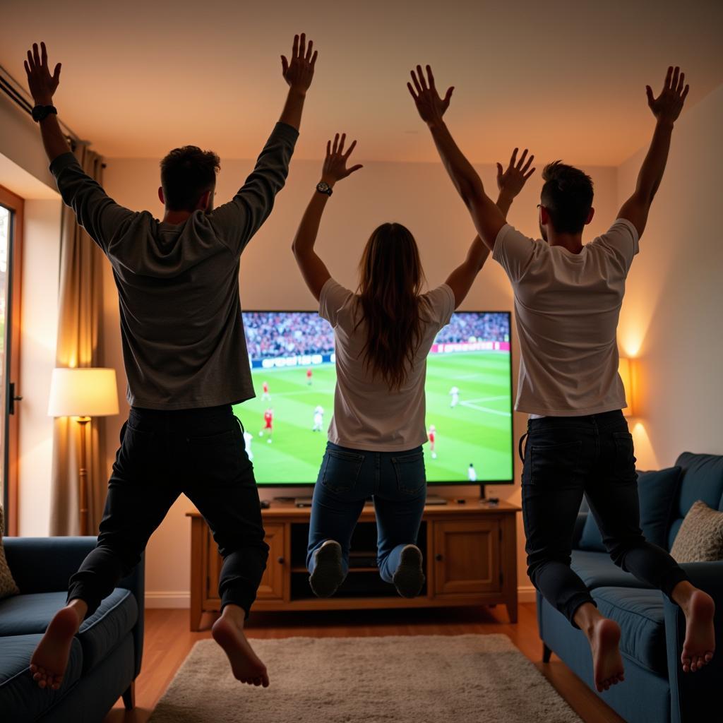 Friends celebrating England goal while watching live match