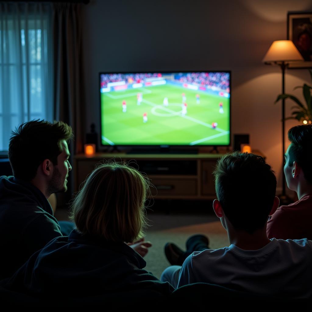 Group of friends watching football on TV and cheering