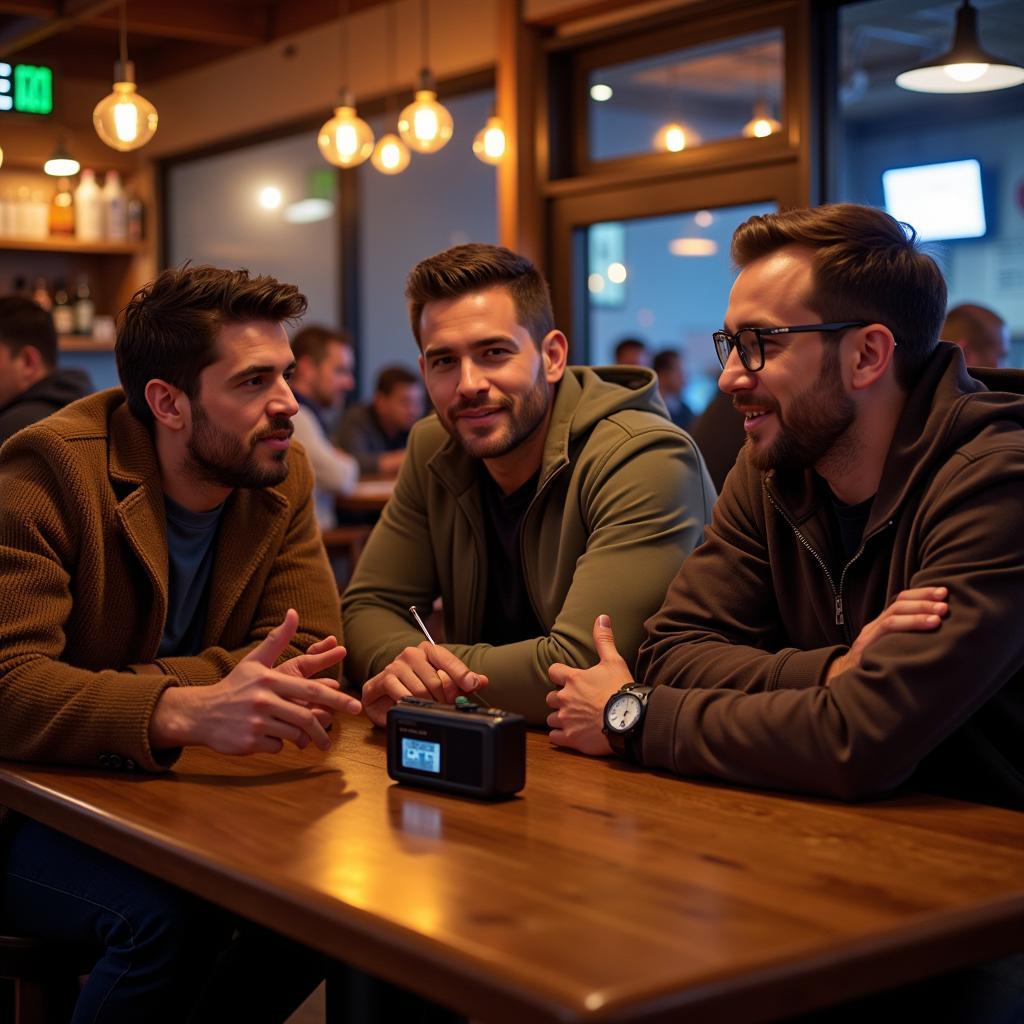 Group of friends excitedly listening to football commentary