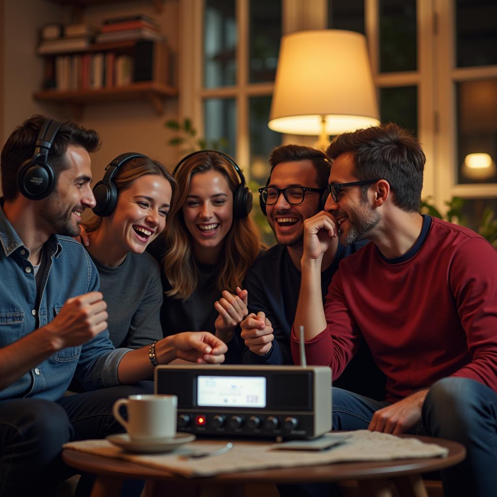 Friends Listening to Football on Radio Together