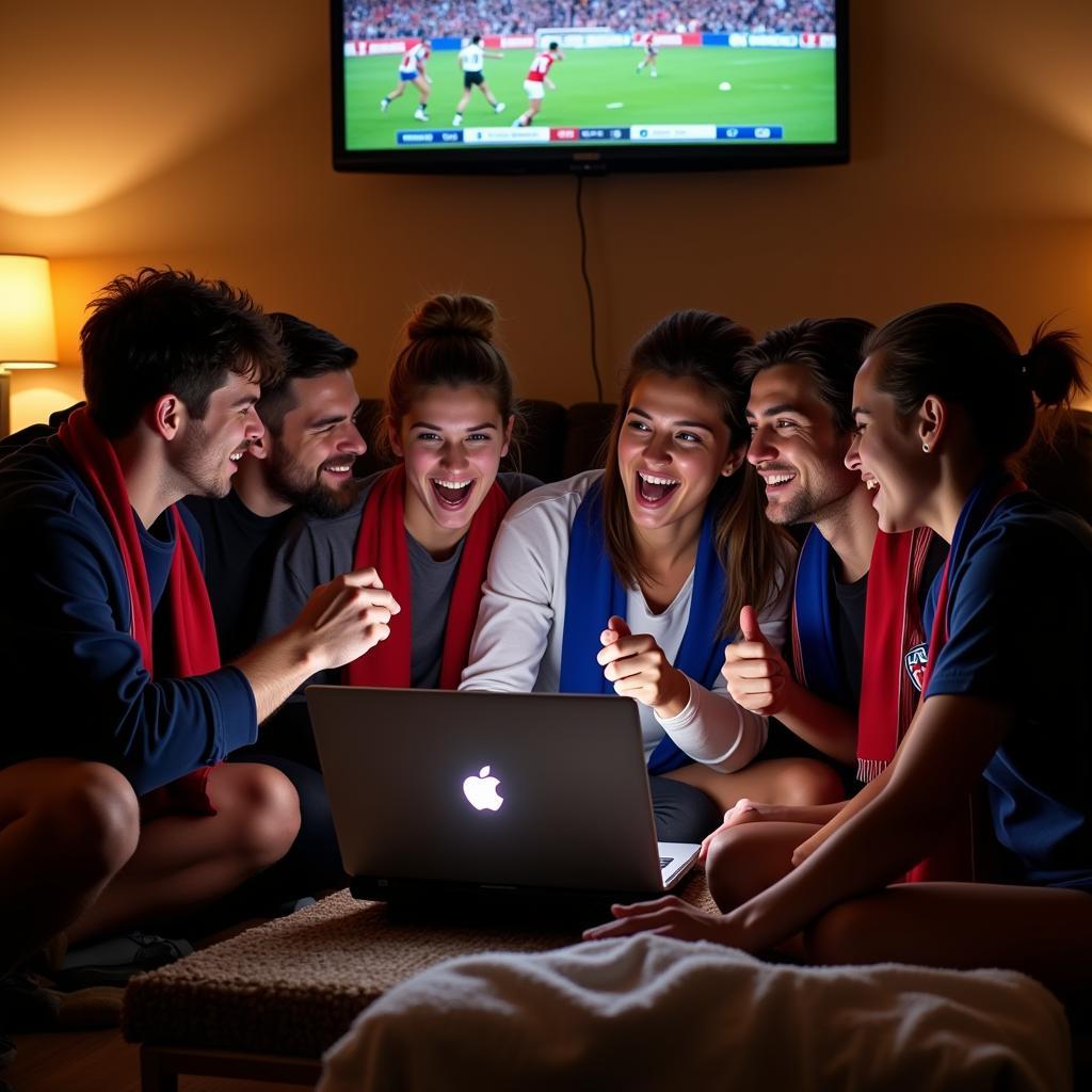 Group of friends enjoying AFL football live stream free on a laptop