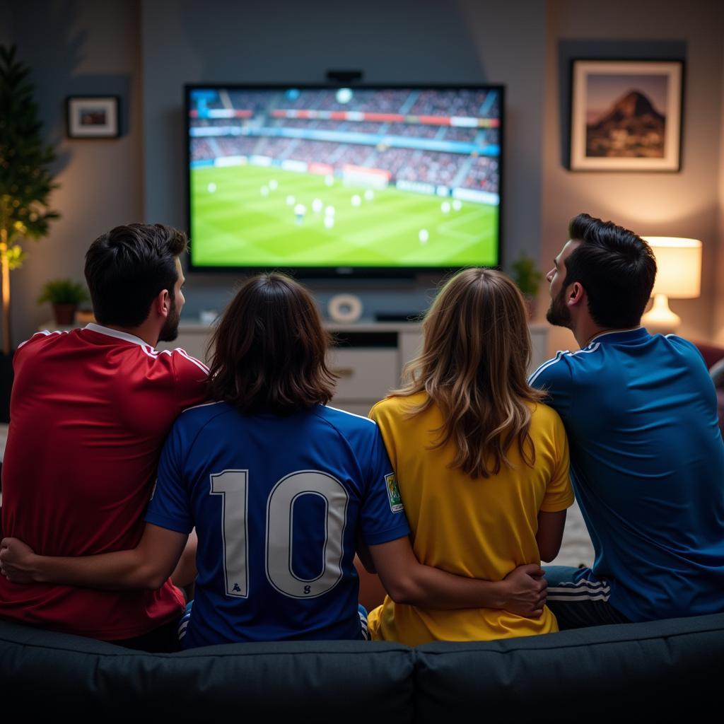 Group of friends watching a football match together at home, cheering and celebrating