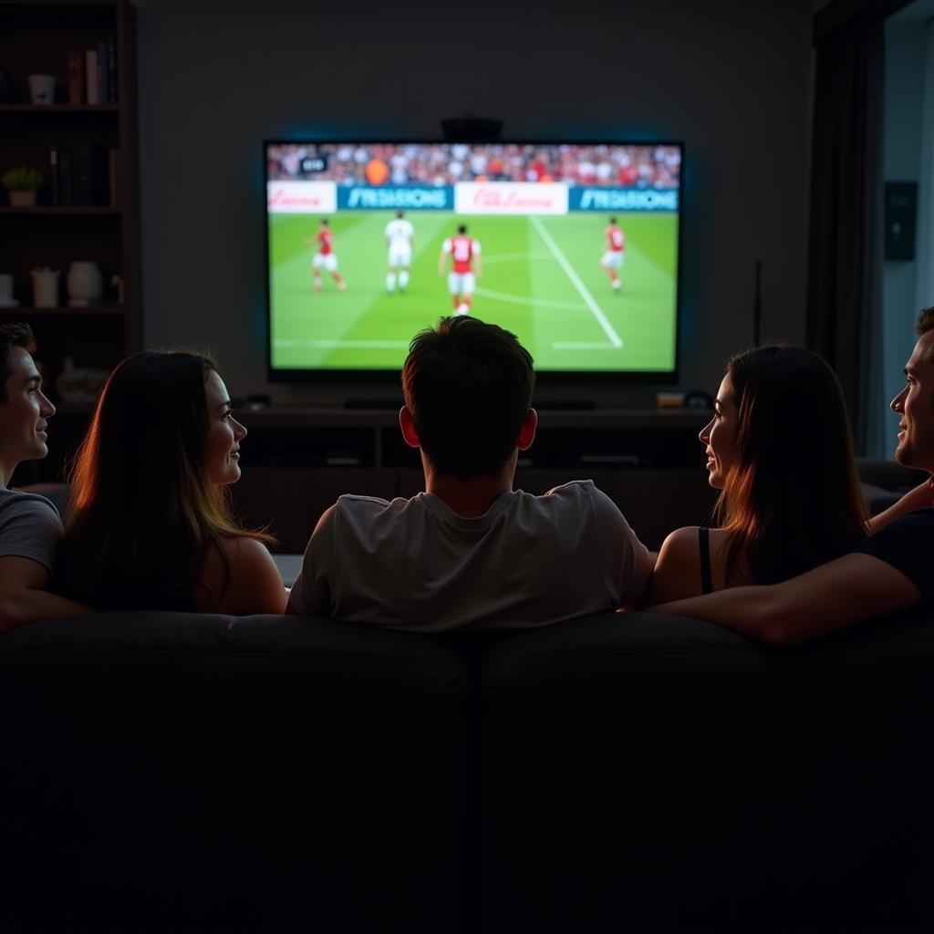 Group of friends watching a football match live on TV