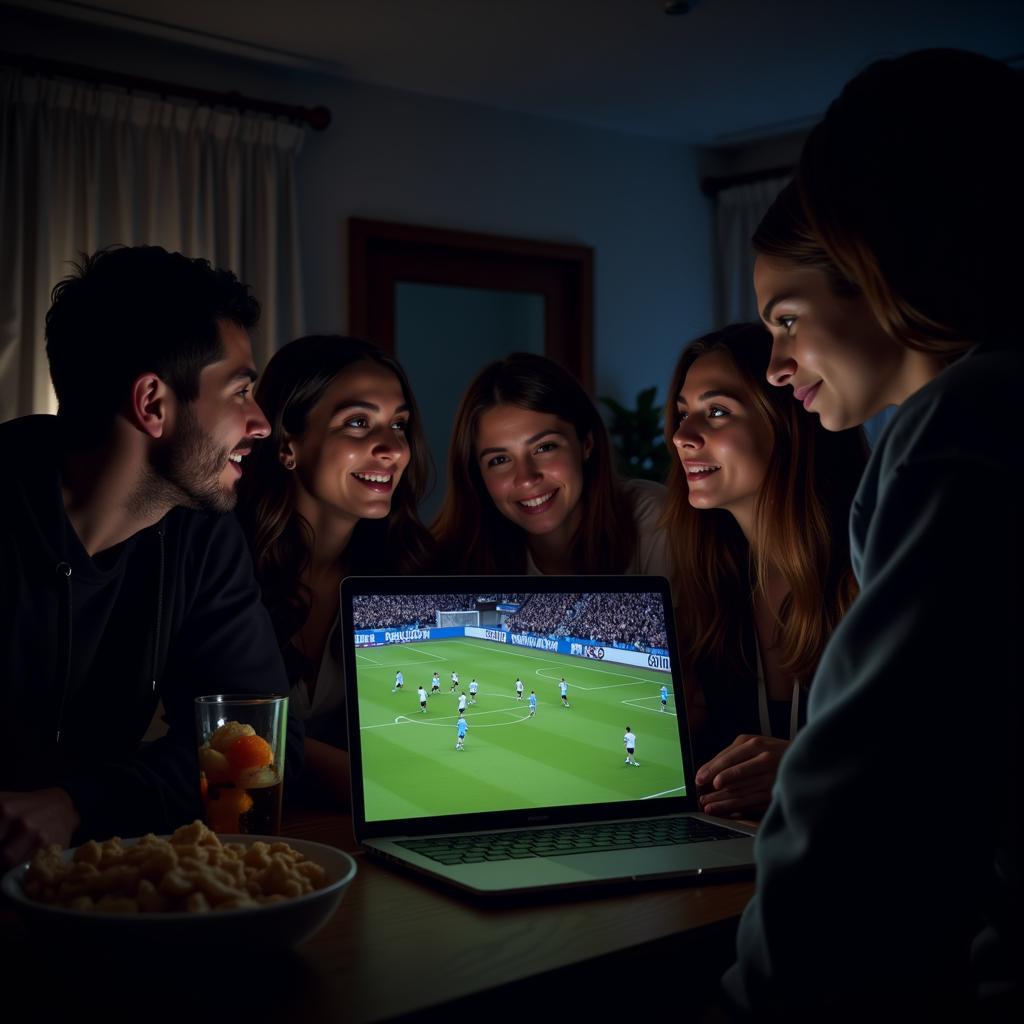 Friends Enjoying Football Match on Laptop