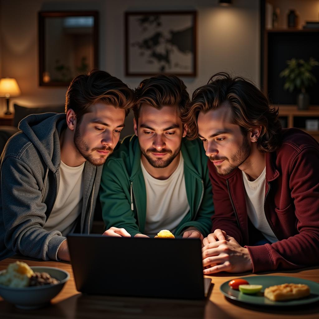 Friends watching a live football stream on a laptop