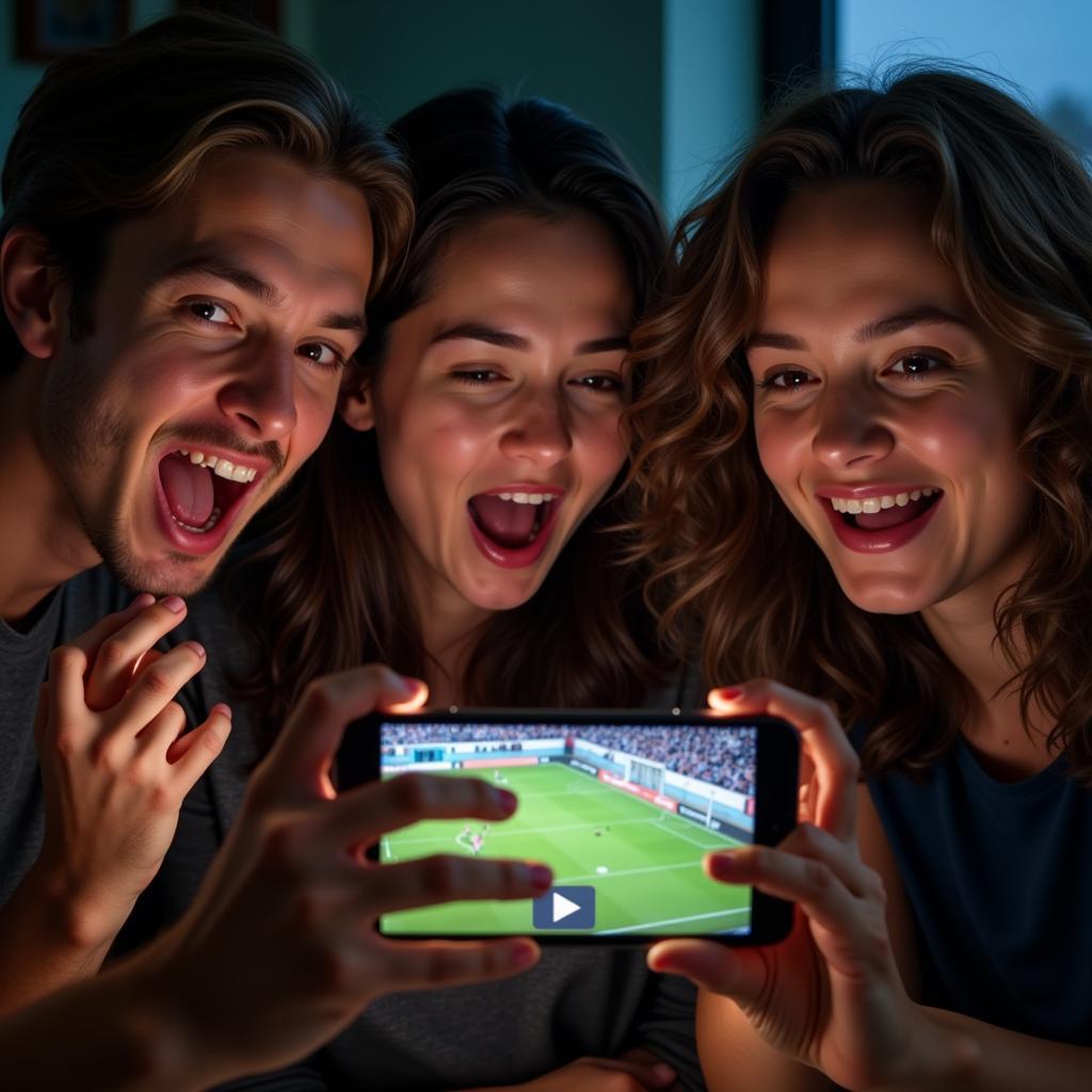 Group of Friends Enjoying a Live Football Match on a Phone