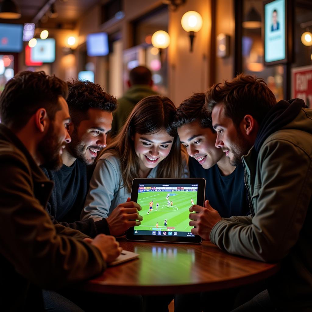 Friends watching a football match on a tablet in a cafe