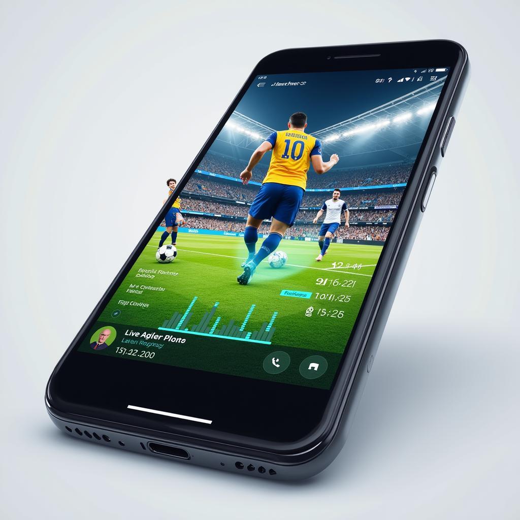 Futuristic phone displaying interactive football content