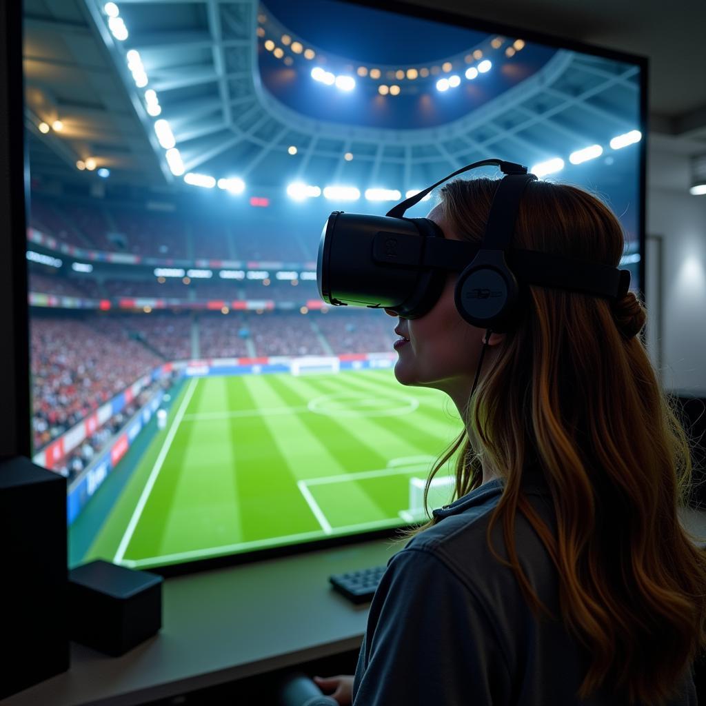 A person wearing VR headset experiencing a football match