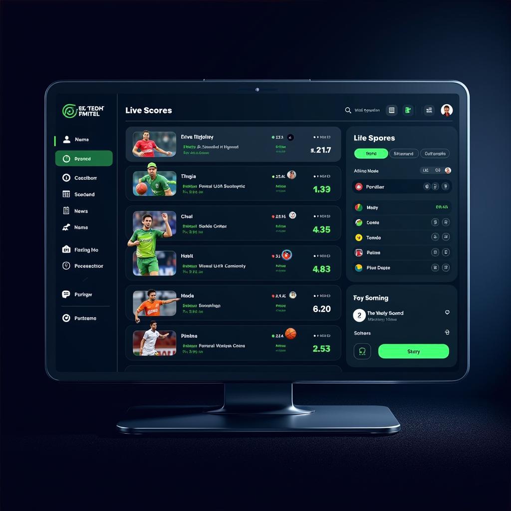 Futuristic interface displaying live scores and updates for multiple sports