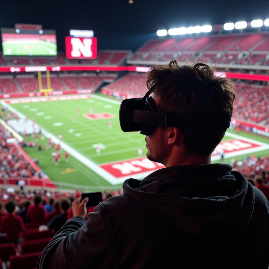 A person wearing a VR headset experiencing a Nebraska Husker football game