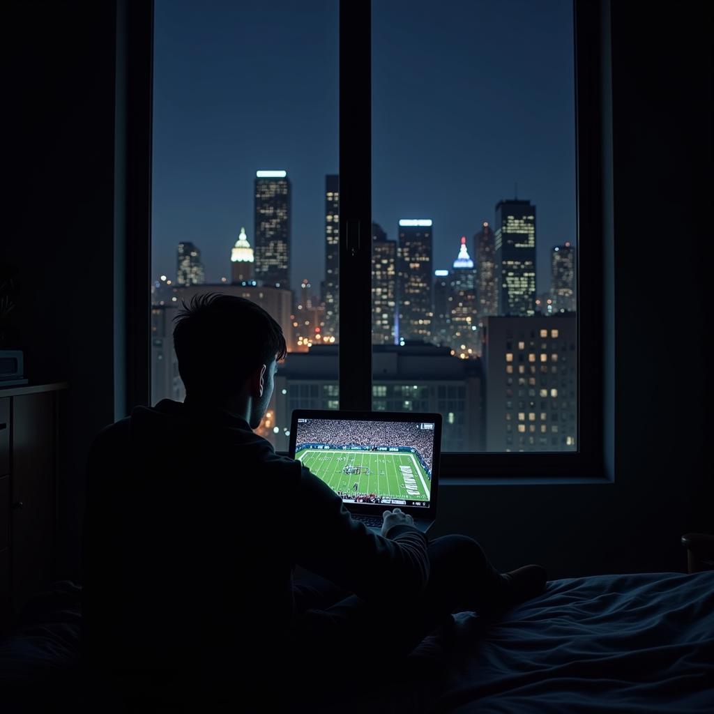 Gotham City Sports Fan Watching Rams Game on Laptop