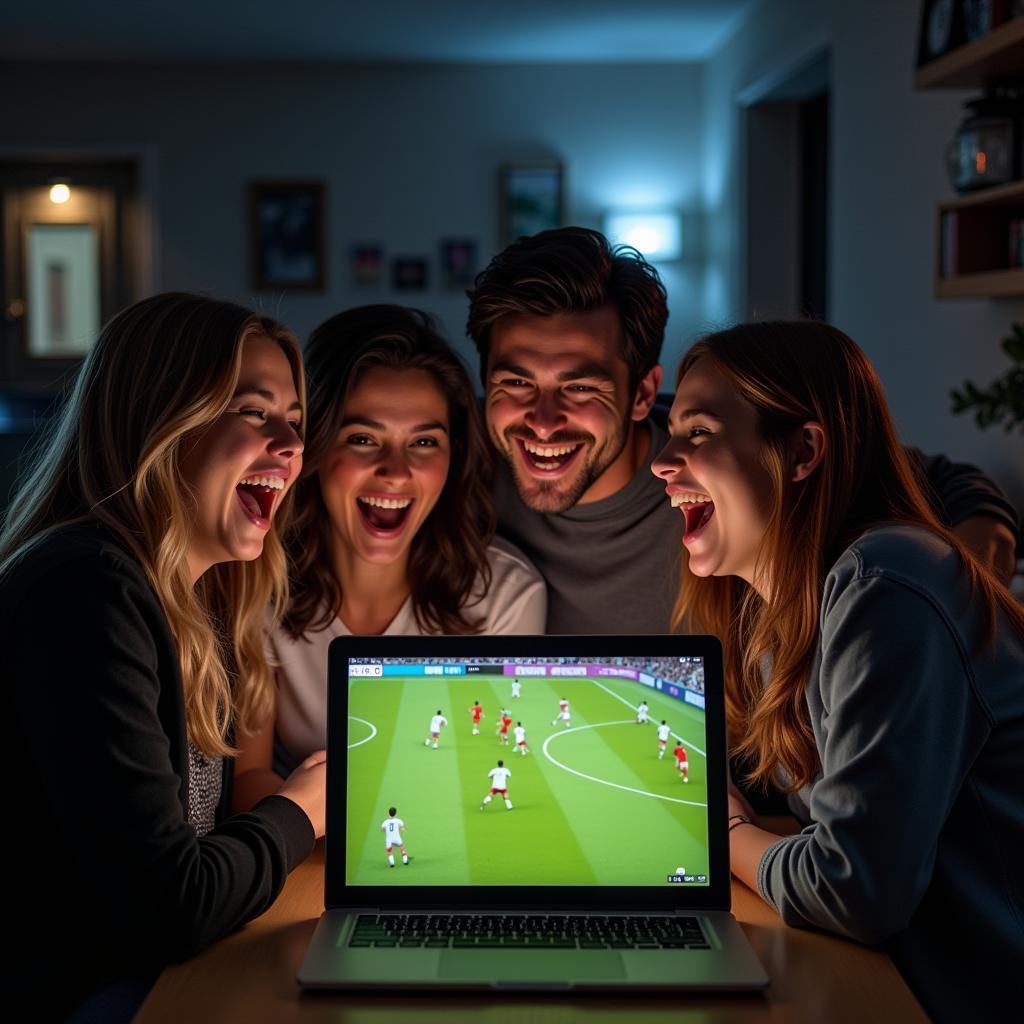 Group of friends celebrating a football goal while watching a live stream