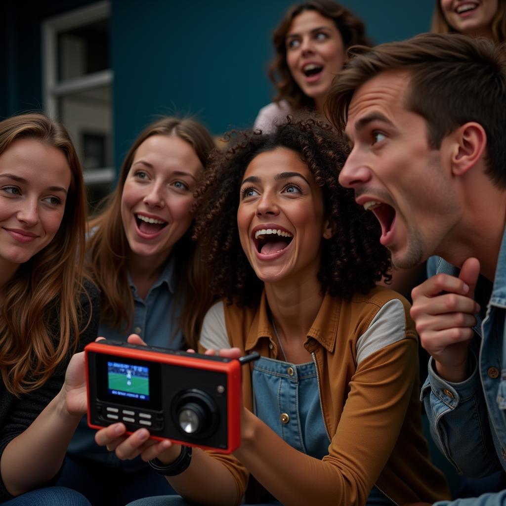 Group of friends listening to a football game on the radio