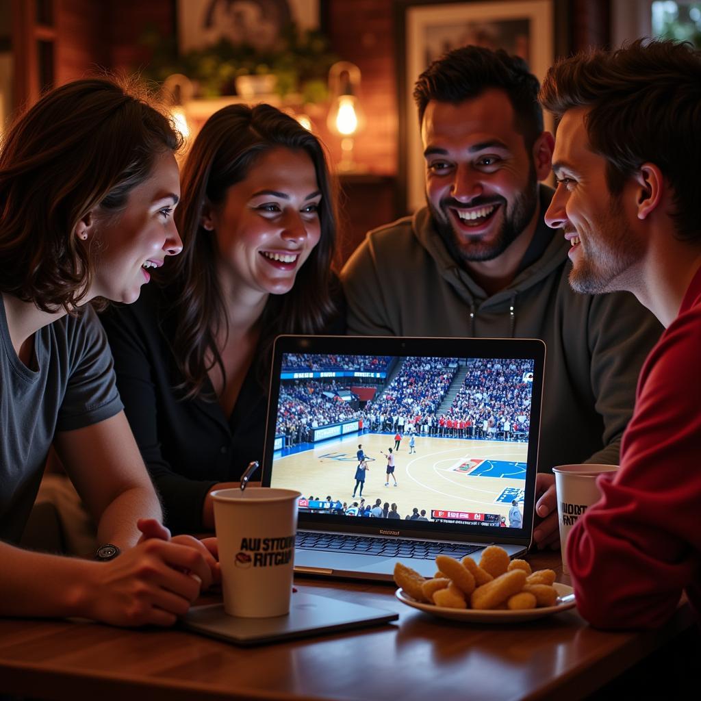 A group of friends gathered around a laptop, watching an Austintown Fitch football live stream.