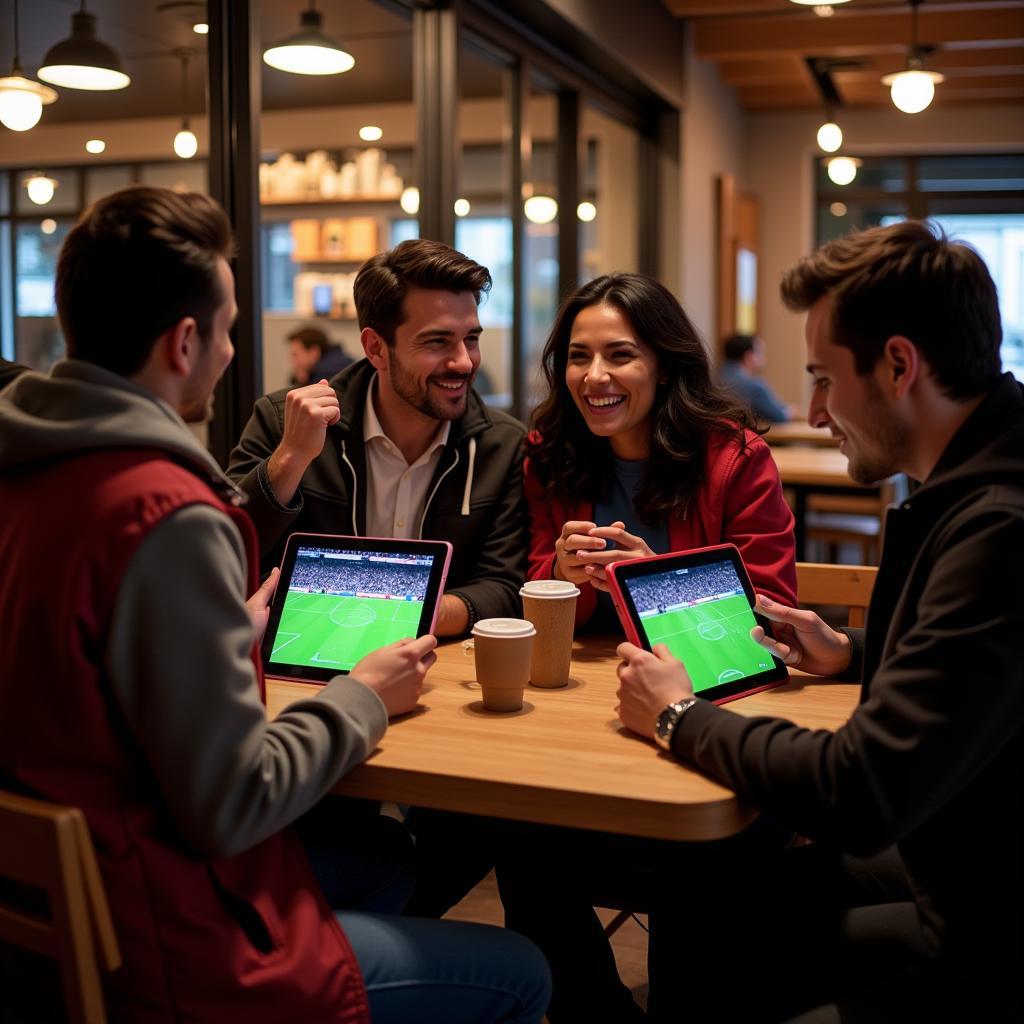 Group of friends watching football live on tablet