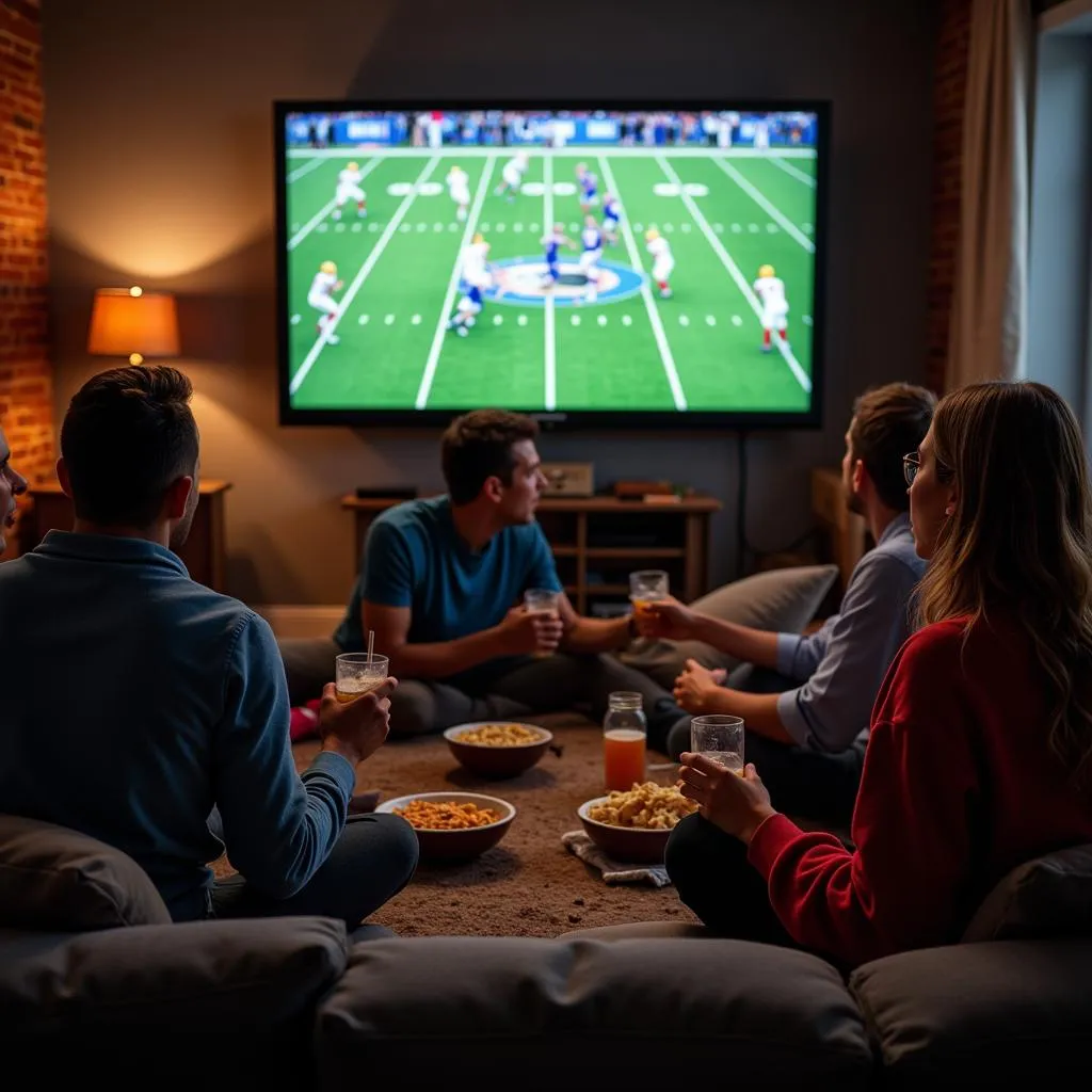 Group of Friends Enjoying American Football Game on TV with Snacks