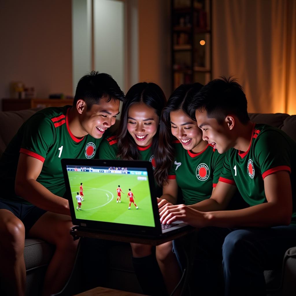 Group of friends enjoying Bangladesh football match live stream