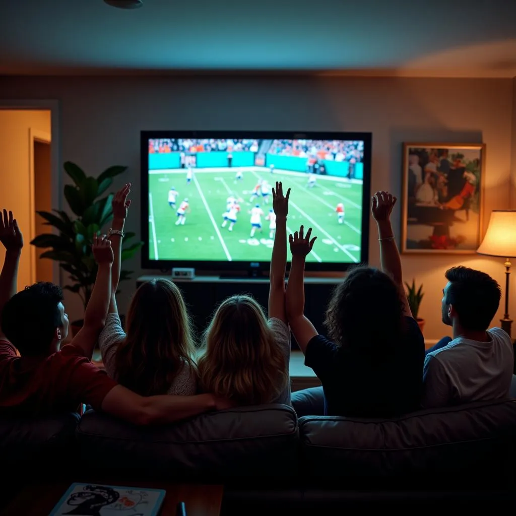 A group of friends cheering enthusiastically while watching a Miami Dolphins game on TV, showcasing the camaraderie and shared excitement of game day.