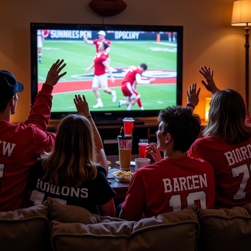 A group of friends gathered, watching a Bowling Green football game, enjoying snacks and drinks