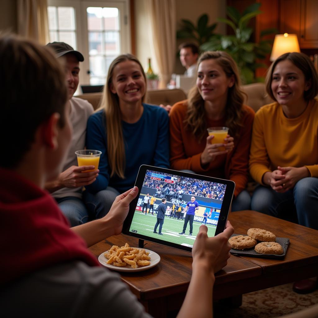 Group of Friends Watching Chisholm High School Football Live Stream on Tablet