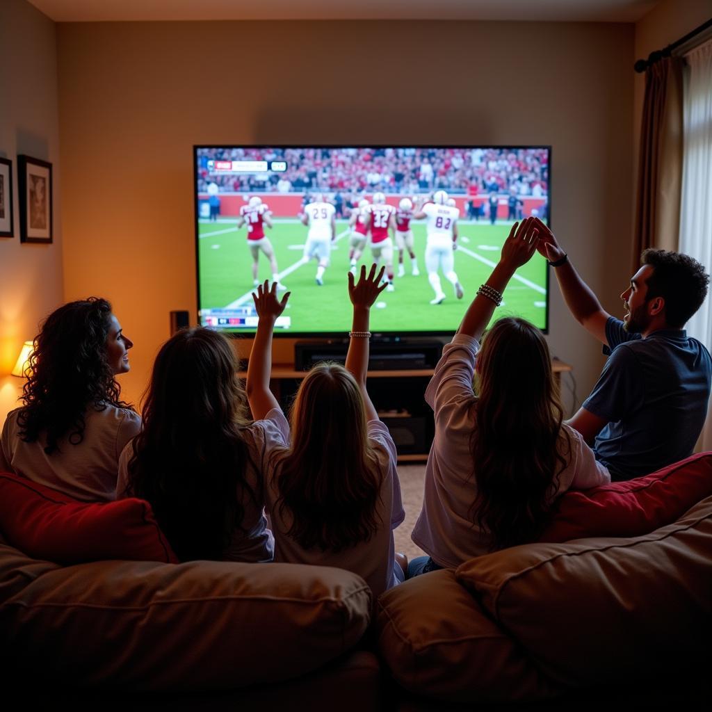 Group of Friends Watching East St. John High School Football Live Stream on TV