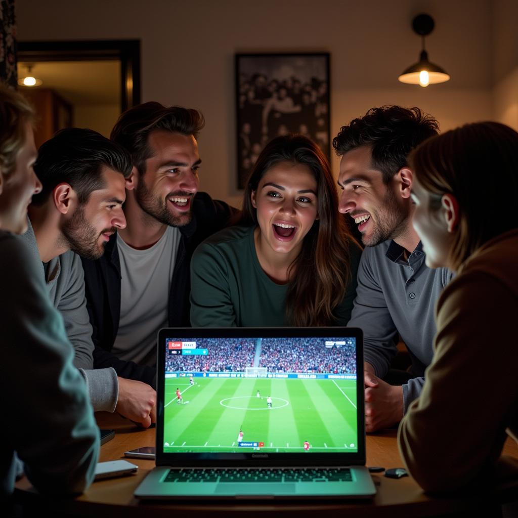 Group of Friends Watching Football Match and Checking Scores on Laptop