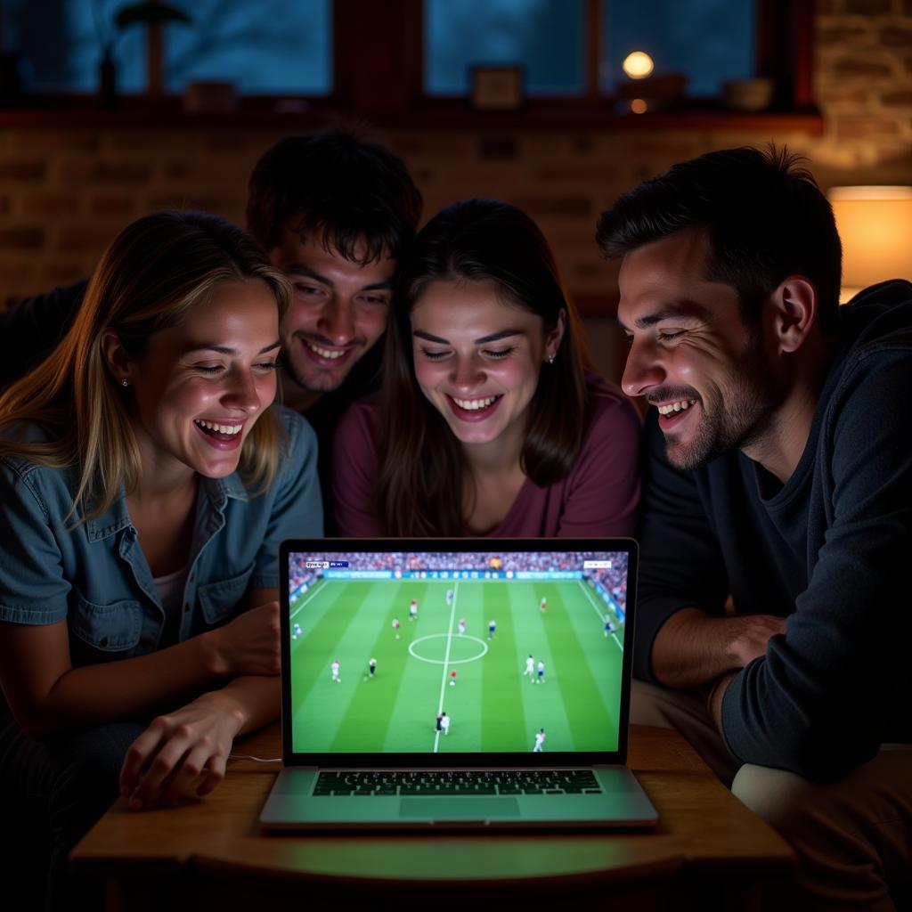 Group of friends watching football on laptop