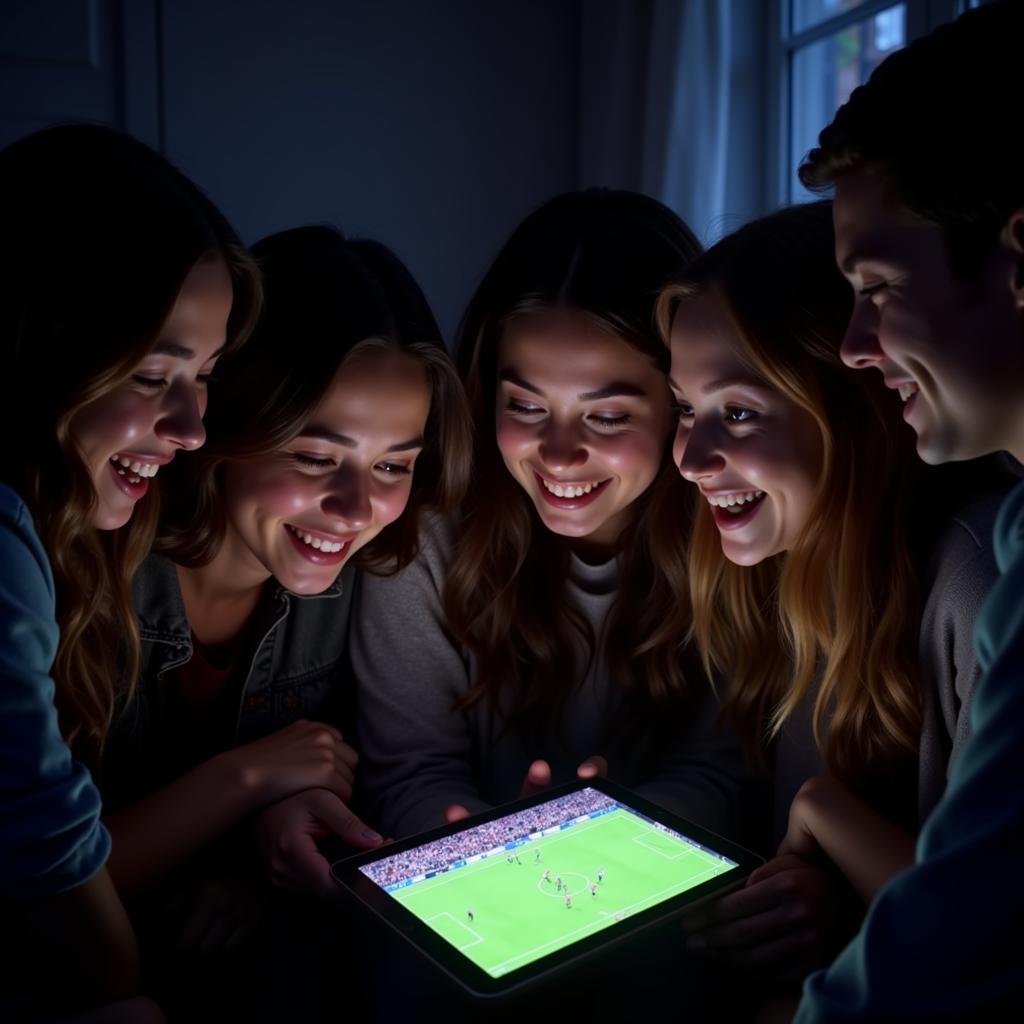 Group of friends enjoying live football match on tablet