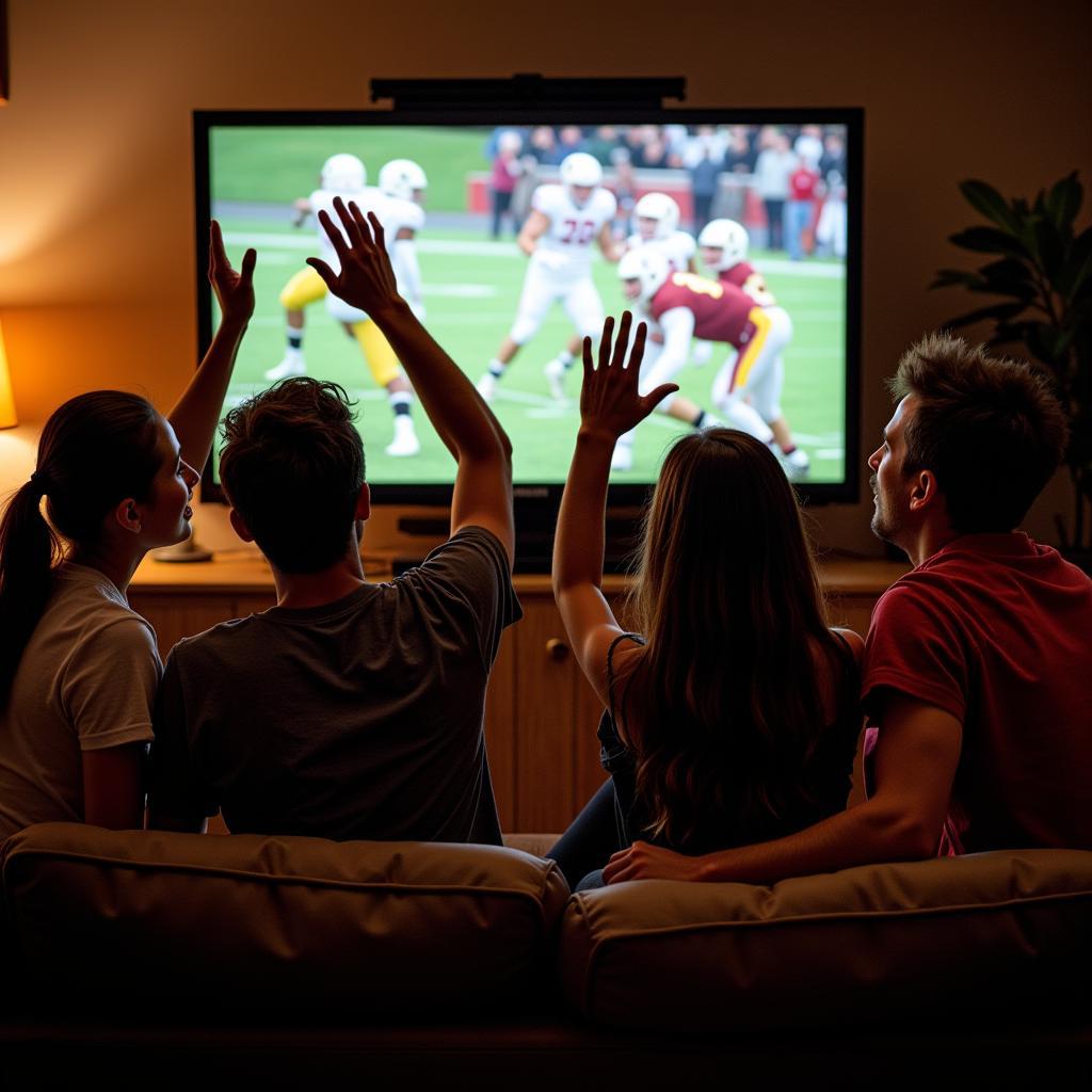 A group of friends watching a Morris Redskins game on TV