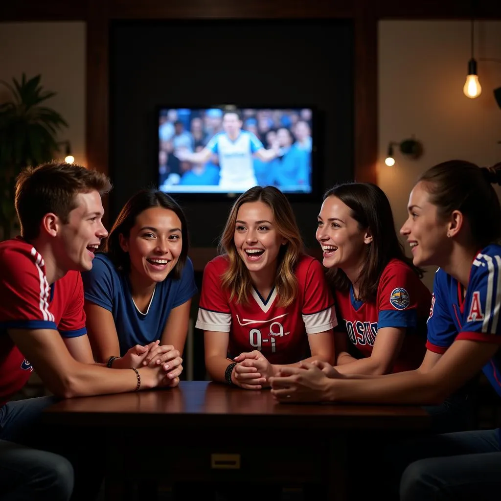 A group of friends cheering excitedly while watching an NFL game on TV