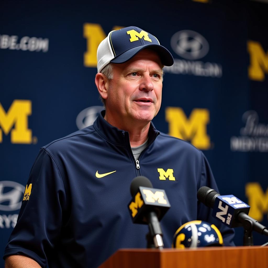 Michigan football coach answering questions from reporters