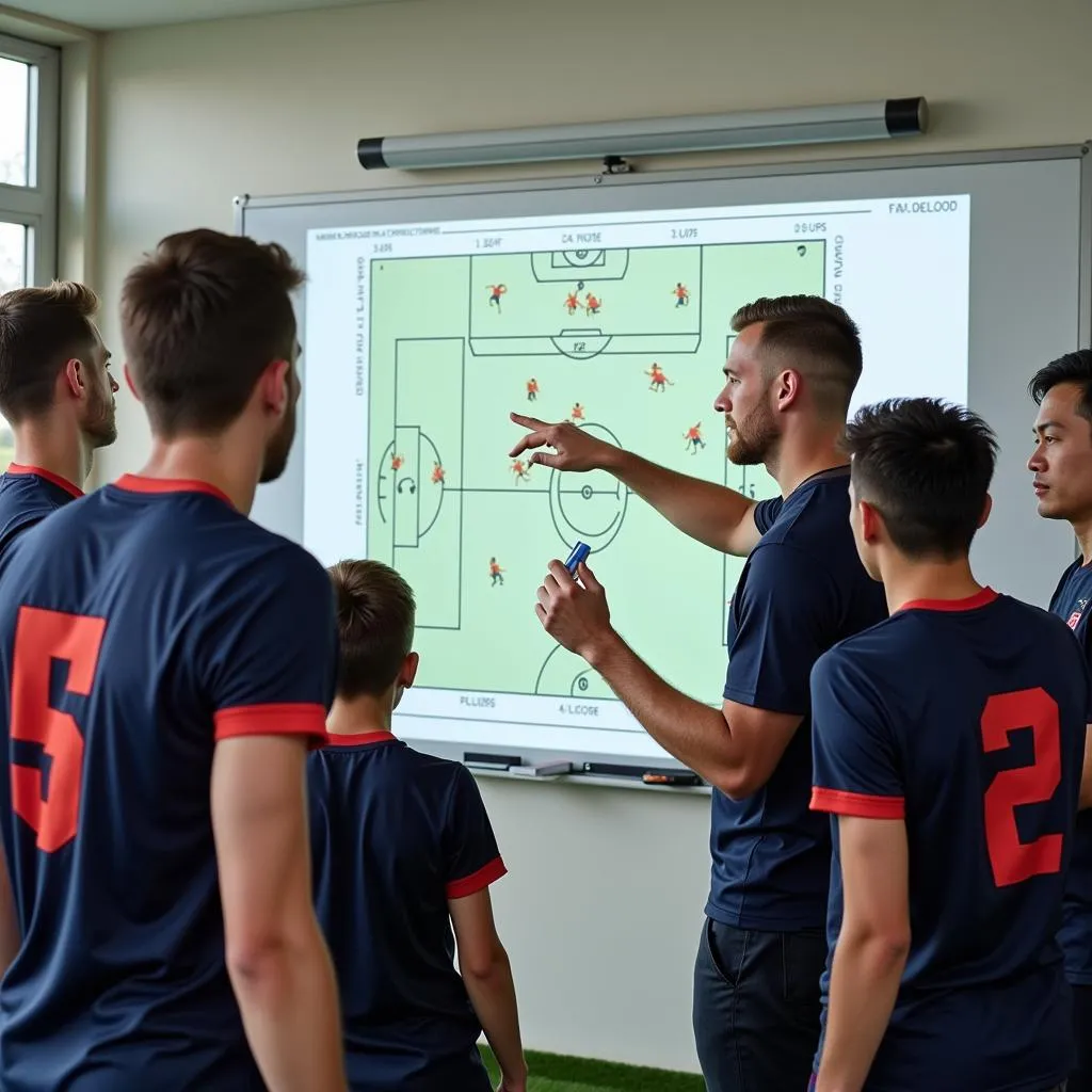 Coach explaining tactics using a board during a dead ball situation