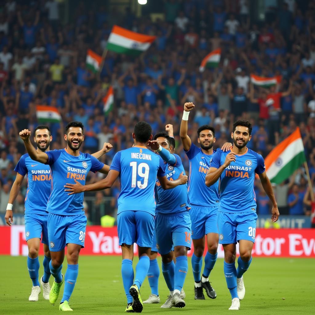 The Indian football team celebrating a goal with jubilant fans